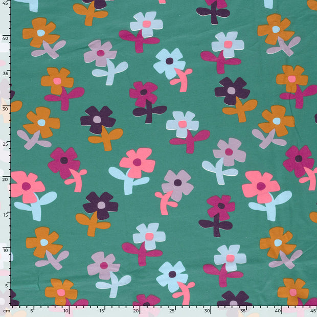 French Terry fabrik Blumen Petrol