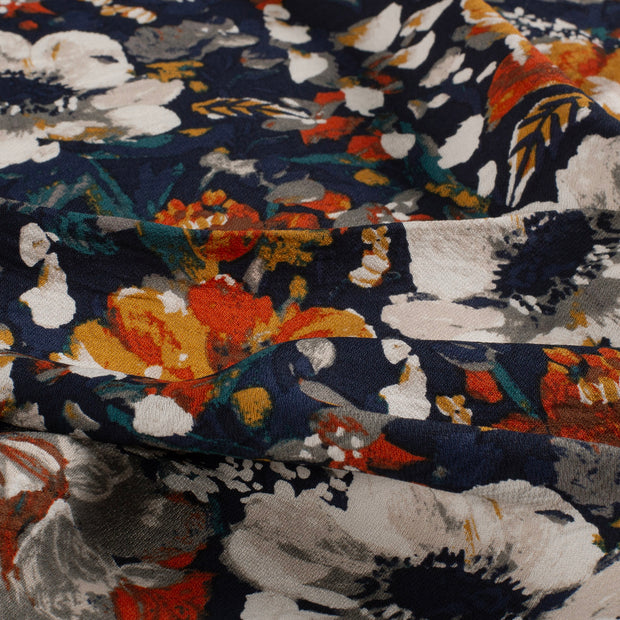 Viscose Nylon Crepe fabric Flowers Navy