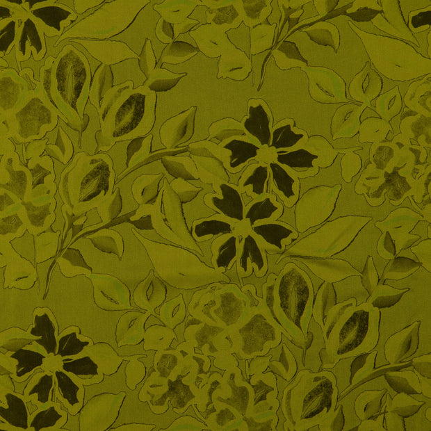 Popeline de Viscose tissu fleurs Vert Olive
