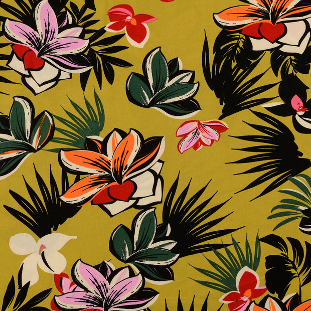 Popeline de Viscose tissu fleurs Vert Olive