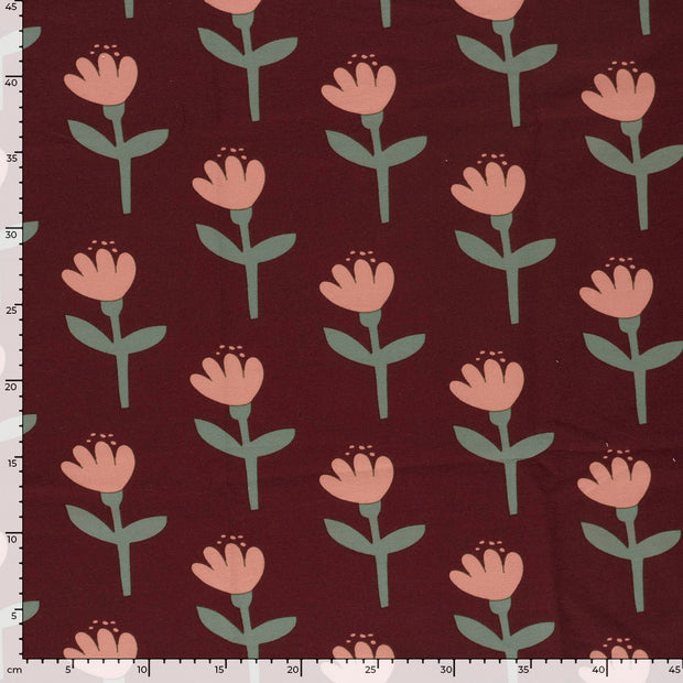 French Terry fabric Flowers Red