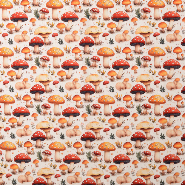 Cotton Poplin fabric Mushrooms White