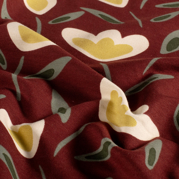 French Terry fabric Flowers Dark Red