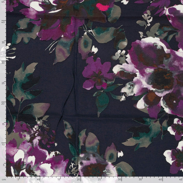 Viscose Nylon Crepe fabric Flowers Dark Indigo