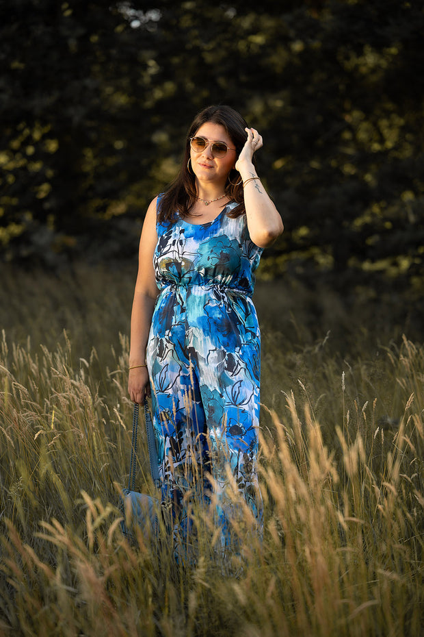 Viscose Satin fabric Flowers Cobalt