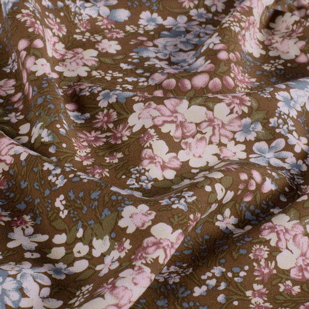 Popeline de Viscose tissu fleurs Marron