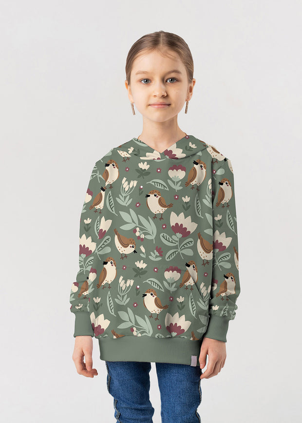 French Terry fabric Birds Dark Mint