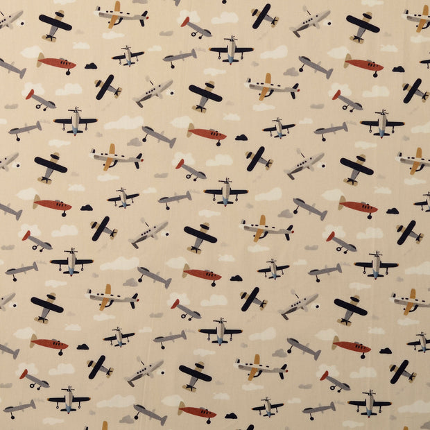 Popeline de Coton tissu avions Blanc cassé