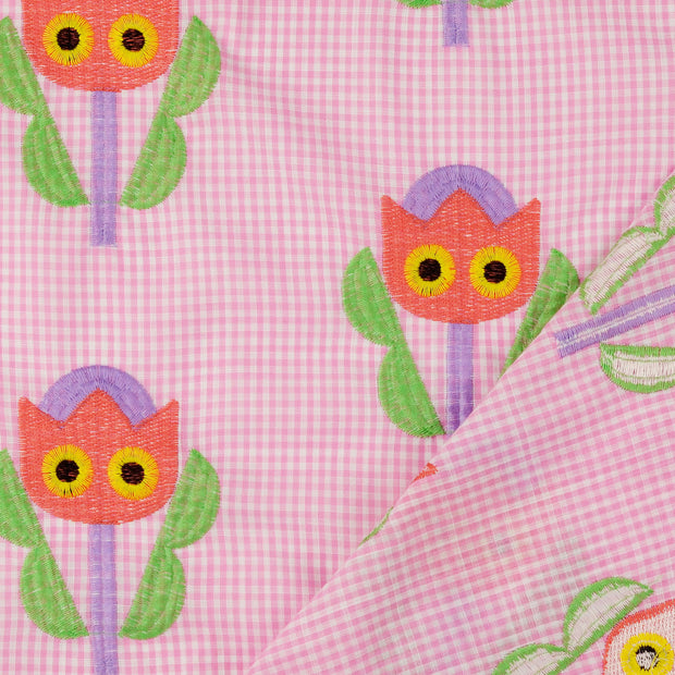 Popeline de Coton tissu Rose brodé 