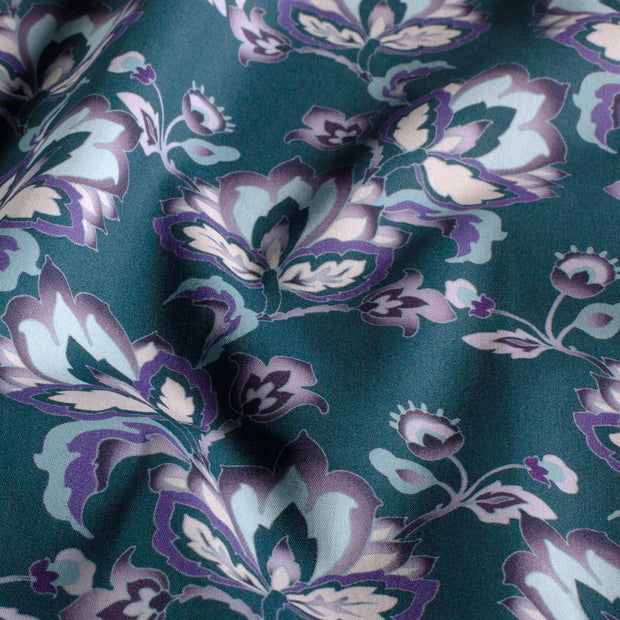 Popeline de Coton tissu fleurs Bleu acier