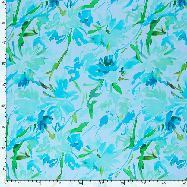 Viscose Satin tissu fleurs Bleu clair