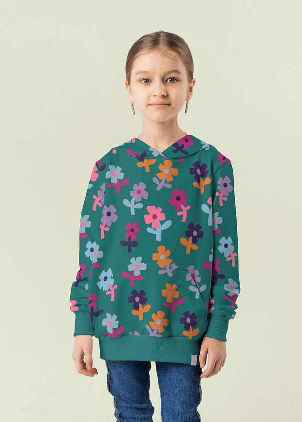 French Terry fabrik Blumen Petrol