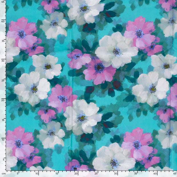 Voile fabric Flowers Petrol