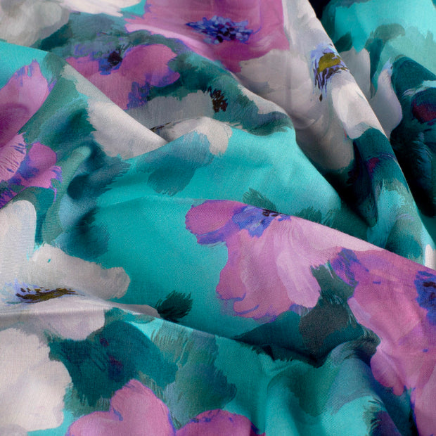 Voile fabric Flowers Petrol