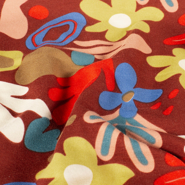 French Terry fabric Flowers Dark Red