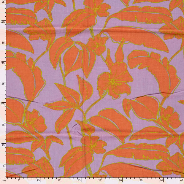 Viscose Lin Chaine et Trame tissu fleurs Lilas