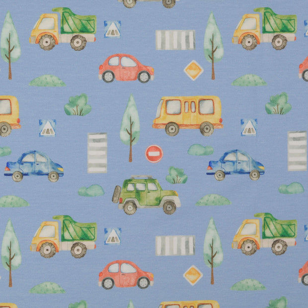 Cotton Jersey fabric Tractors Light Blue
