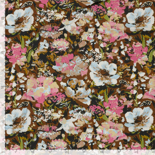 Viscose Nylon Crepe fabric Flowers Brown