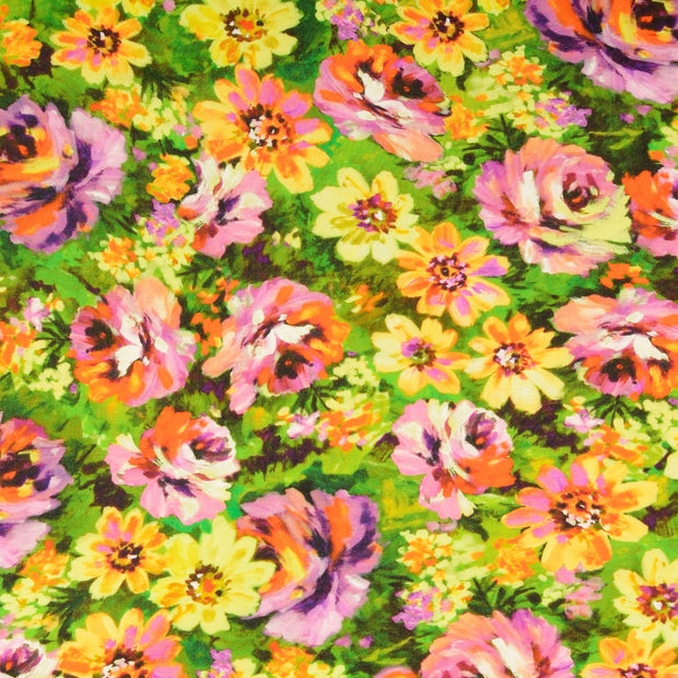 Viscose Satin tissu fleurs vert