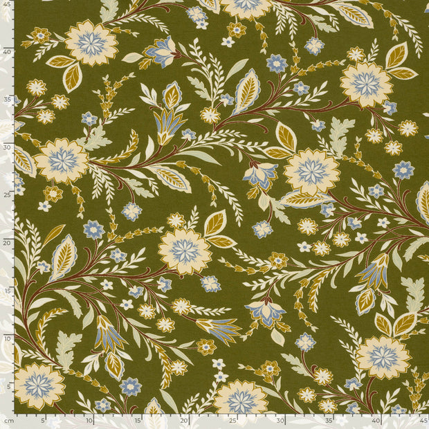 Viscose Vortex Jersey fabric Flowers Khaki Green