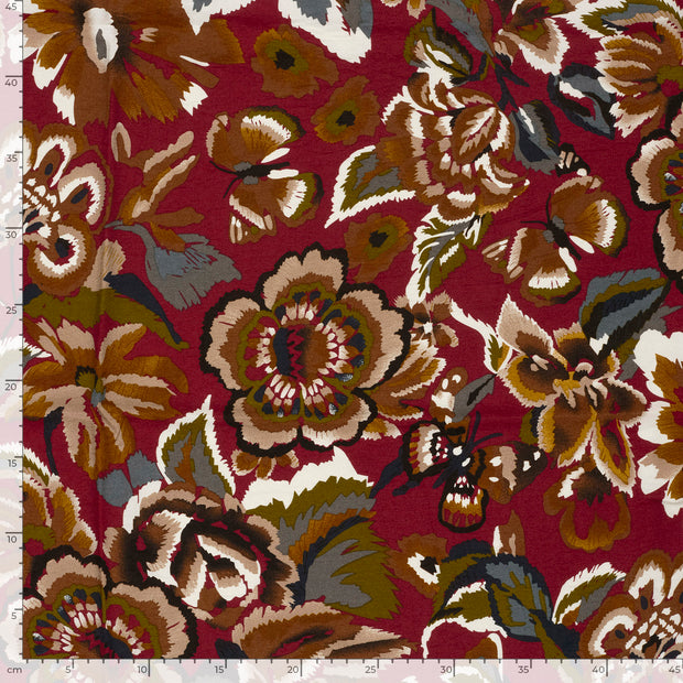 Viscose Nylon Crepe fabrik Blumen Bordeauxrot