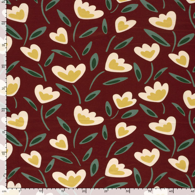 French Terry fabric Flowers Dark Red