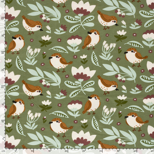 French Terry fabric Birds Dark Mint