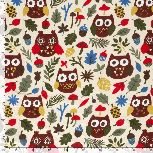 French Terry fabric Owls Beige