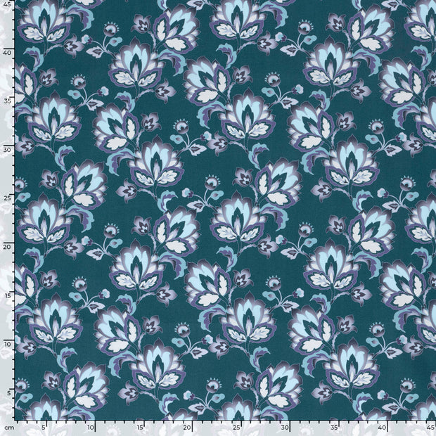 Popeline de Coton tissu fleurs Bleu acier