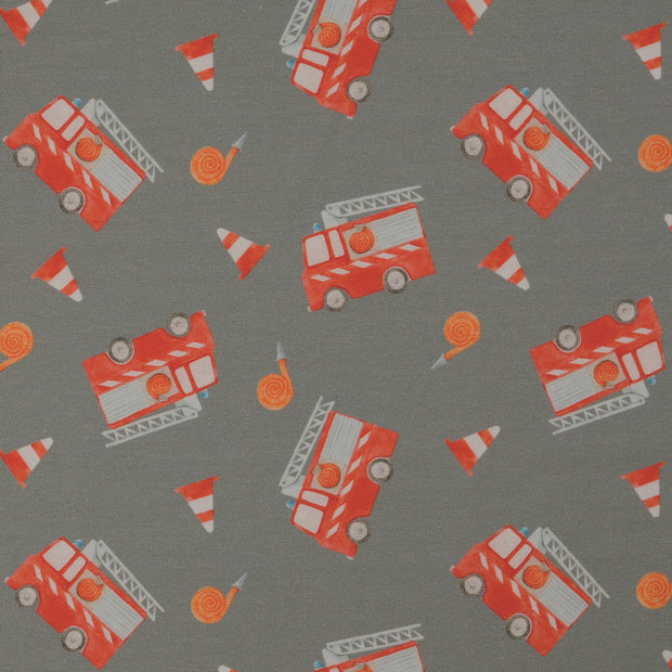 Cotton Jersey fabric Firetrucks Grey