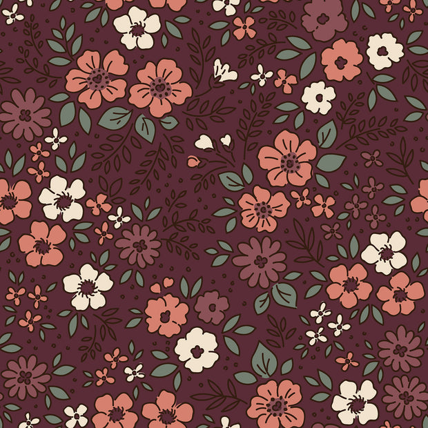 Flannel fabric Flowers Bordeaux