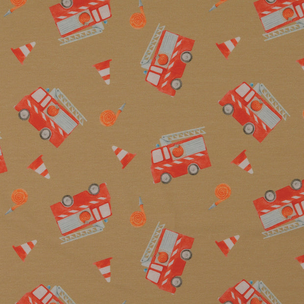 Cotton Jersey fabric Firetrucks Beige