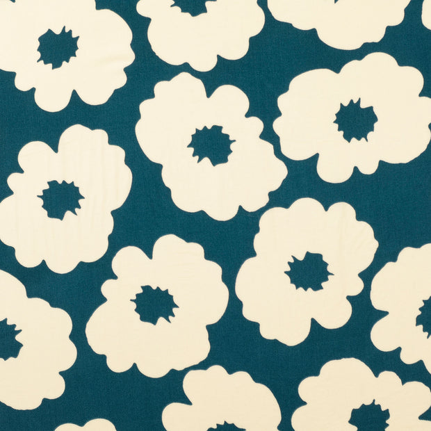 Popeline de Viscose tissu fleurs Bleu Canard