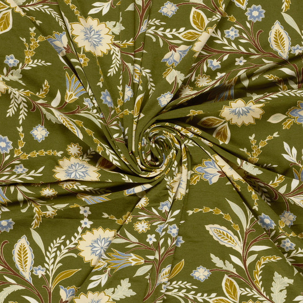 Viscose Vortex Jersey fabric Khaki Green printed 