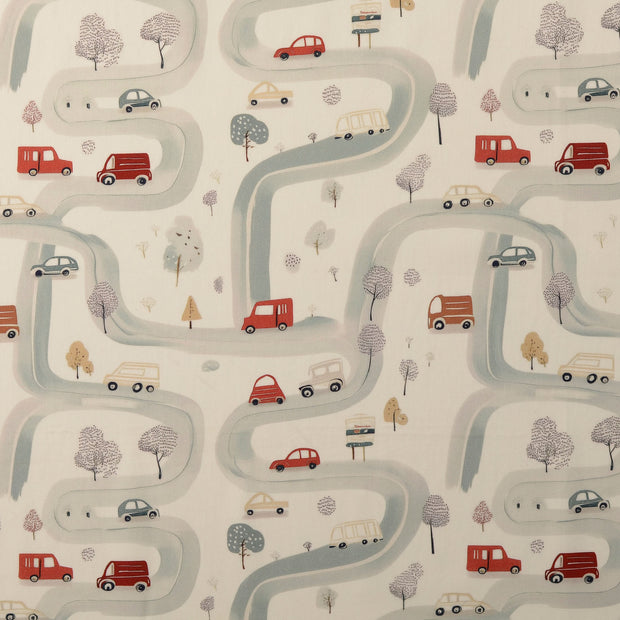 Cotton Poplin fabric Cars Off White
