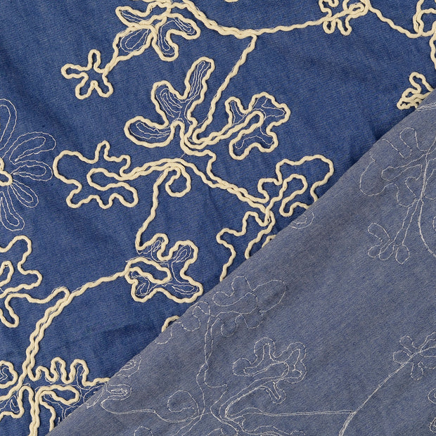 Cotton Poplin fabric Indigo embroidered 