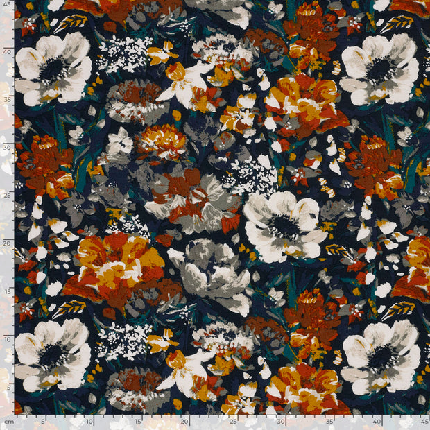 Viscose Nylon Crepe fabric Flowers Navy