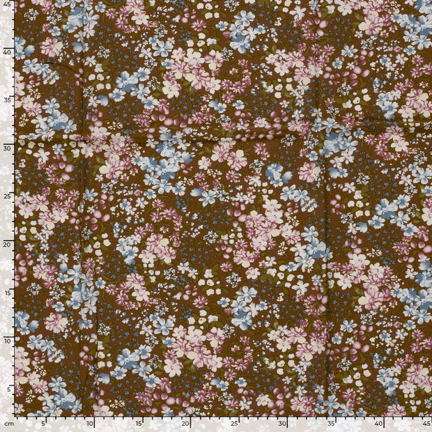 Popeline de Viscose tissu fleurs Marron
