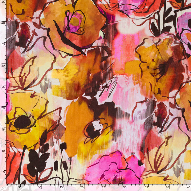 Viscose Satin fabric Flowers Coral