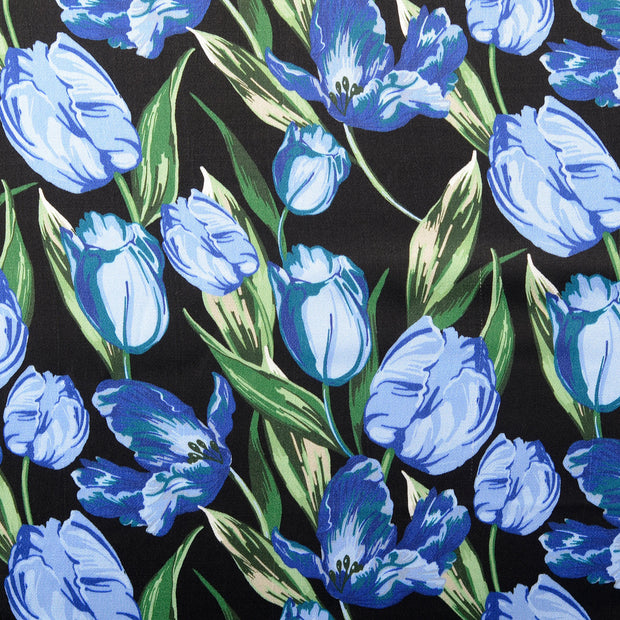 Viscose Satin tissu fleurs Cobalt