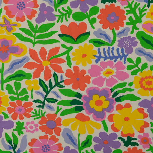 Cotton Jersey fabric Flowers White