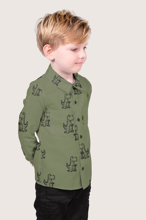 Cotton Poplin fabric Dinosaurs Dark Green