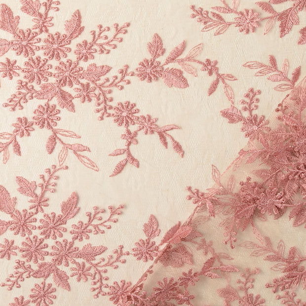 Dentelle tissu Vieux rose brodé avec bordure 