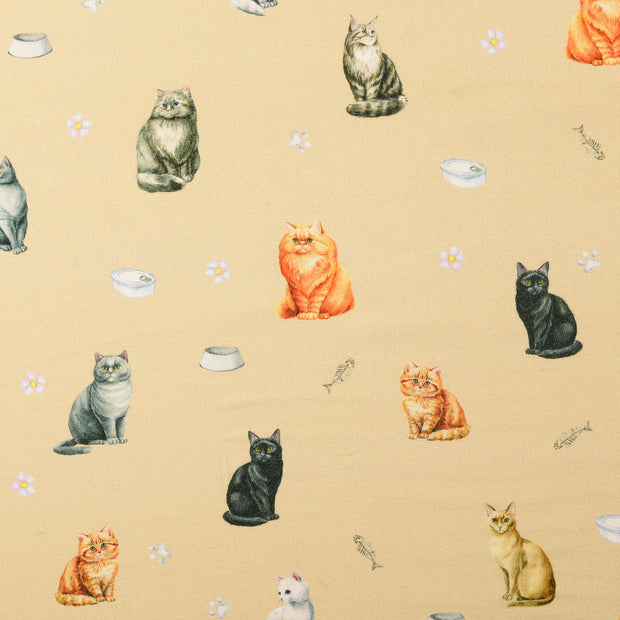 Cretonne fabric Cats Beige
