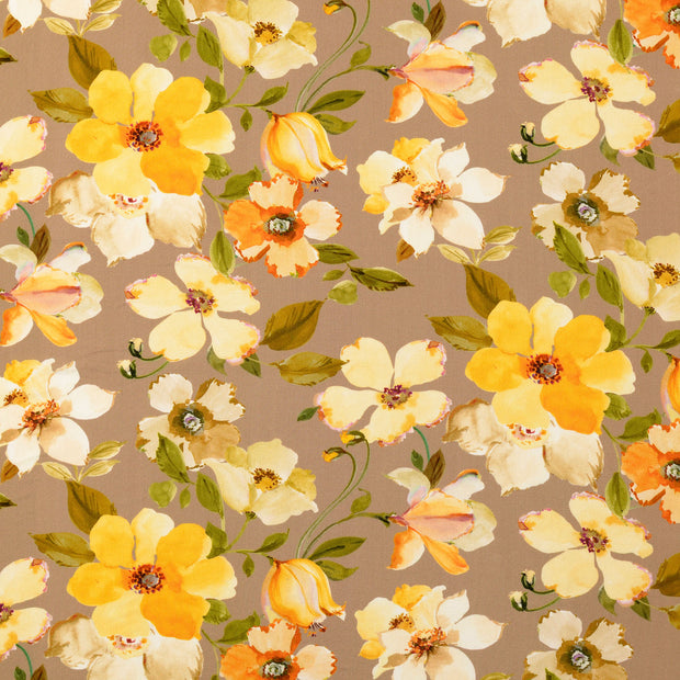 Popeline de Viscose tissu fleurs Beige