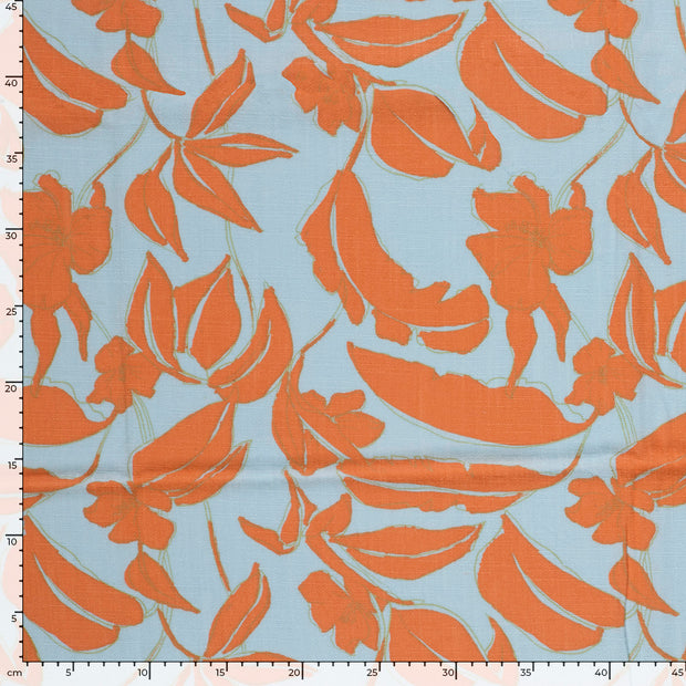 Viscose Lin Chaine et Trame tissu fleurs Bleu clair